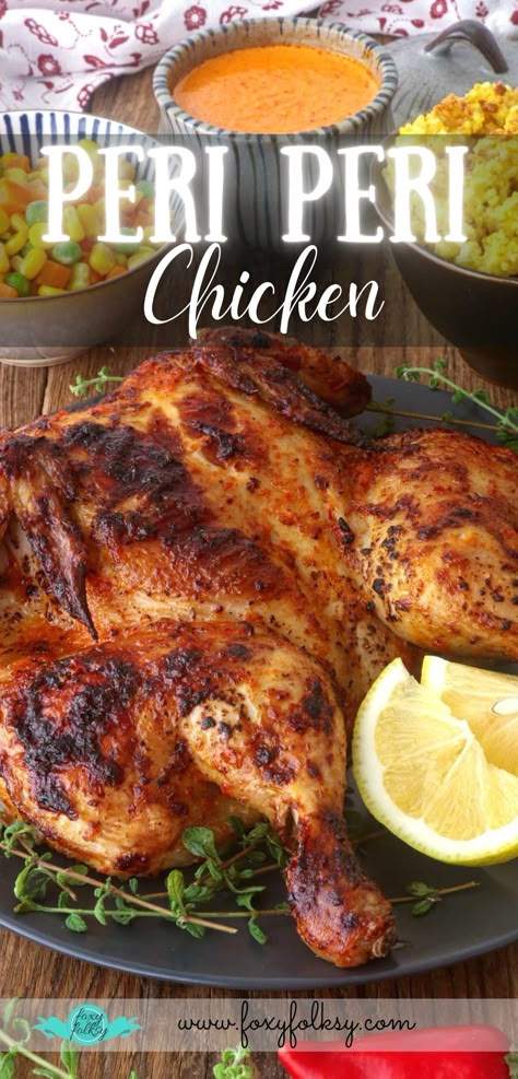 Portuguese Chicken Recipes, Portuguese Meals, Peri Peri Chicken Recipe, Portuguese Chicken, Foxy Folksy, Piri Piri Chicken, Peri Chicken, Chicken Roasted, Peri Peri Chicken