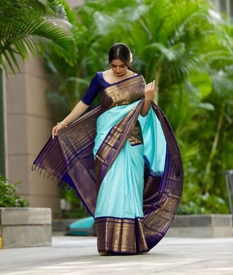 The Most Stunning South Indian Bridal Looks Of 2019! Saree Color Combinations, Blue Silk Saree, Indian Bridal Sarees, Wedding Saree Collection, South Indian Sarees, Saree Poses, Saree Photoshoot, Saree Models, Saree Trends