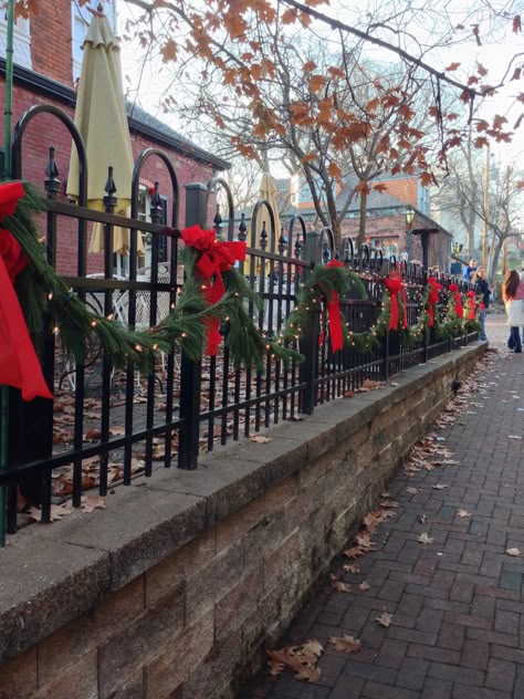 Black wrought iron fence decorated with fresh garland, lights & red bows! Located in Old Town St. Charles, MO Christmas Gate Decorations Entrance, Fences Decorated For Christmas, Fence Garland Christmas, Outdoor Fence Christmas Decorating Ideas, Garland On Fence, Fence Christmas Lights, Fence Christmas Decorating Ideas, Christmas Fence Decor, Fence Christmas Decorations