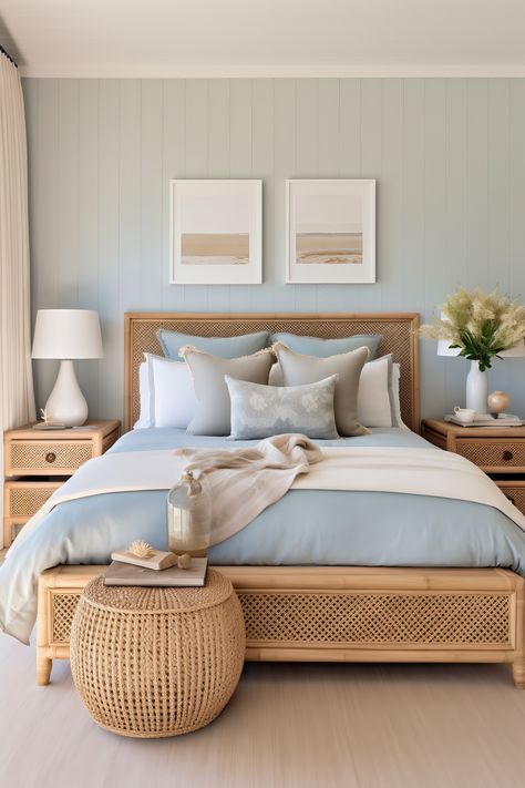 This Small Modern Bedroom transports you to the coast with its light blue and sandy beige color scheme. A rattan headboard and seashell decor complete the look. Feng Shui Bedroom Decor, Small Modern Bedroom, Costal Bedroom, Beachy Room, Coastal Room, Coastal Bedrooms, Beach Bedroom, Coastal Bedroom, Bedroom Refresh