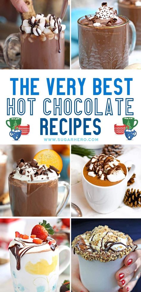 This collection of the best homemade hot chocolate recipes is for the hot cocoa lover! Get inspired by these delicious hot chocolate ideas, including white hot chocolate, slow cooker hot chocolate, and much more. #sugarhero #hotchocolate #hotchocolateideas #hotdrinks #hotchocolaterecipeforacrowd Hot Chocolate Night Ideas, Christmas Cocoa Recipe, Special Hot Chocolate Recipes, Christmas Hot Chocolate Recipes, Hot Chocolate For Party, Yummy Hot Chocolate Recipes, Serving Hot Chocolate At A Party, Creamy Hot Cocoa Recipe, Hot Cocoa Night