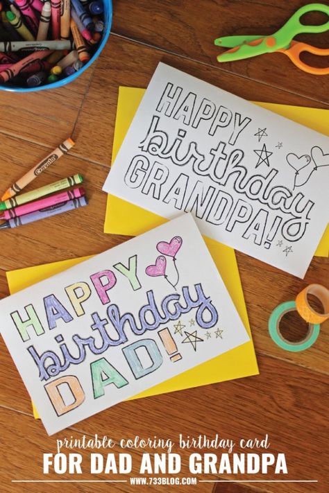 Give Dad or a Grandpa a beautiful DIY card with these free printable Coloring Birthday Cards! Coloring Birthday Cards, Grandpa Birthday Card, Grandpa Card, Happy Birthday Grandpa, Free Printable Birthday Cards, Dad Printable, Grandpa Birthday Gifts, Grandpa Birthday, Birthday Card Craft