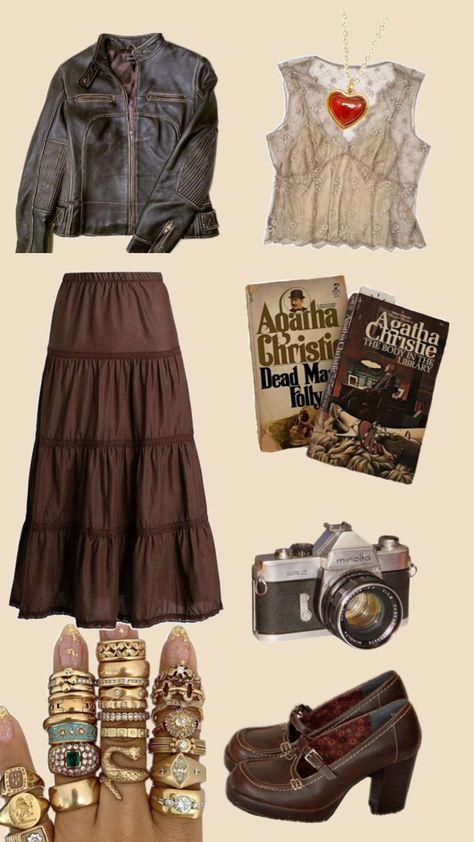 A cute textured white top paired with a brown flow maxi skirt and an oversized dark brown jacket. The fit is accentuated by gold jewelry and a lovely pair of shoes🎵 Brown Maxi Skirt Outfit, Maxi Skirt Outfit Aesthetic, Skirt Outfit Aesthetic, Dark Brown Jacket, Brown Maxi Skirt, Dark Bohemian, Skirt Outfits Aesthetic, Brown Maxi Skirts, Bohemian Outfit