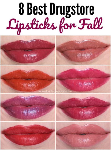 Looking for the best fall lipsticks? Check out my roundup of 8 Best Drugstore Fall Lipstick Colors with beautiful colors to wear this Autumn season! Best of all these drugstore lipsticks are all super affordable! #drugstoremakeup #lipstick #falllipstick #fallmakeup #makeup Drugstore Fall Lip Colors, Fall Red Lipstick, Fall Lipstick Colors 2024, Best Lipstick Color For Fair Skin, Fall Lipstick Colors 2022, Fall Lipstick Colors 2023, Drugstore Red Lipstick, Lipsticks Colors, Summer Lipstick Colors