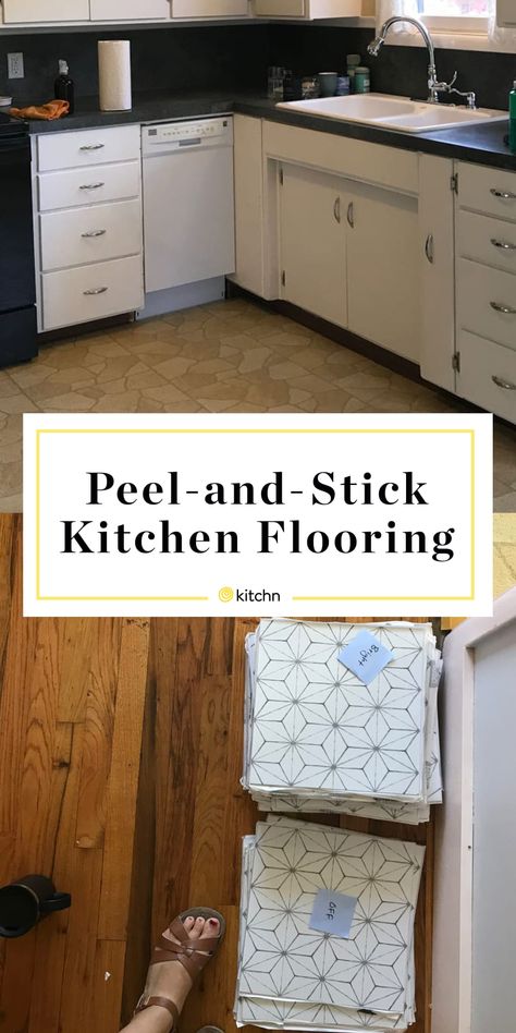 Before & After: I Made Over My Kitchen with Peel-and-Stick Tiles Stick On Bathroom Floor Tiles, Diy Peel And Stick Countertops, Peel And Stick Tiles For Shower Walls, Tiles For Kitchen Floor, Floor Tile Peel And Stick, Peel And Stick Tile Kitchen, Flooring Diy, Peel And Stick Floor, Vinyl Floor Tiles