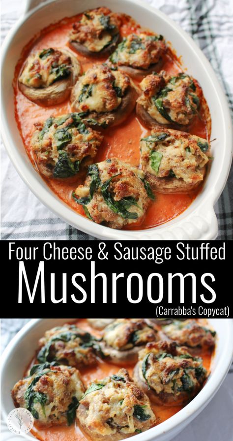 Italian Stuffed Mushrooms, Carrabbas Recipes, Mushroom Appetizer Recipes, Mushrooms Stuffed, Mushroom Side Dishes, Mushroom Recipes Healthy, Sausage Stuffed Mushrooms, Sausage Spinach, Mushroom Appetizers