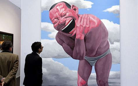 Visitors observe a work entitled Blue Sky and White Clouds by Chinese artist Yue Minjun during the Art Paris Art Fair in the French capital Roger Ballen, Yue Minjun, Blue Sky Images, Art Parisien, Chinese Contemporary Art, Chinese Artwork, Sky Images, Paris Art, Art Curator