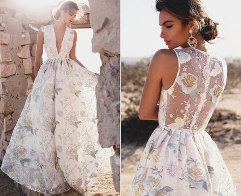 A stylish floral printed gown from Lurelly Wedding Dresses With Pop Of Color, Floral Elopement Dress, Convalidation Ceremony Dress, Wedding Dress With Blue Flowers, Floral Wedding Dress Colored, Wildflower Wedding Dress, Alternative Wedding Dress Color, Fun Wedding Dresses, Unique Wedding Dresses Plus Size