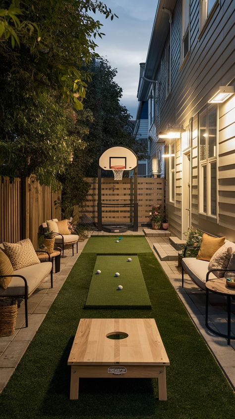 Narrow Side Yard Ideas💖💖 Narrow Outdoor Entertaining Area, Side Yard Stepping Stones, Duplex Backyard Ideas, Side Backyard Ideas, Narrow Yard Landscaping, Narrow Side Of House Ideas, Long Narrow Patio Ideas, Narrow Side Yard Ideas, Small Side Yard Ideas