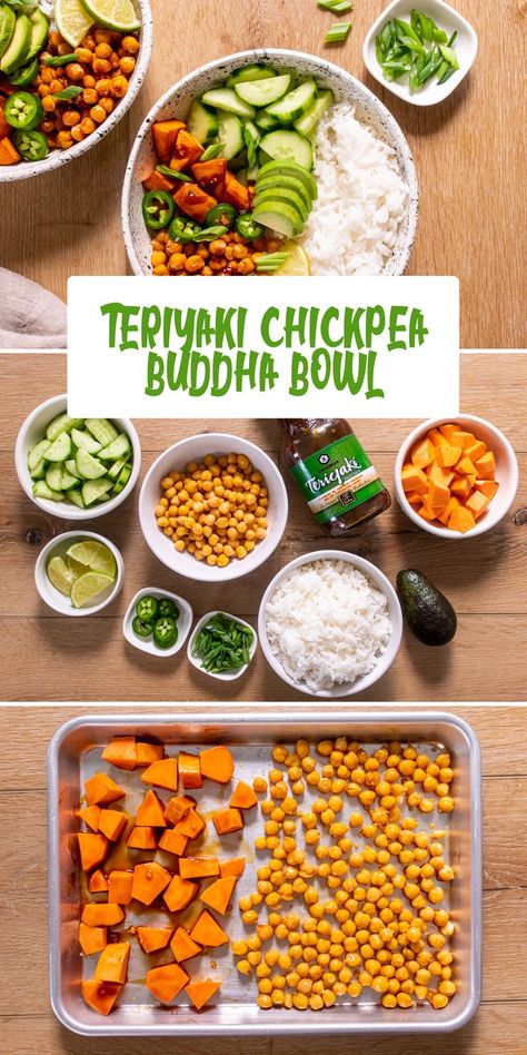 Teriyaki Chickpea Buddha Bowl | Nutritious, delicious, and truly easy — Buddha bowls like this one make an excellent meal prep recipe and are also a tasty choice for packed lunches. For a healthy vegetarian meal, just combine a few simple ingredients and add your favourite flavour of Kikkoman® Teriyaki Takumi to some oven-baked tofu. These bowls are full of budget-friendly protein from chickpeas and tofu, and are a great way to use up leftover vegetables! #Kikkoman Chickpea Buddha Bowl, Leftover Vegetables, Buddha Bowls, Packed Lunches, Chickpea Recipes, Vegetarian Meal, Healthy Meals To Cook, Healthy Clean Eating, Buddha Bowl