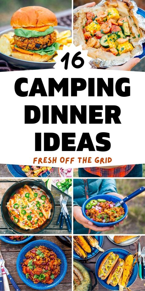 Campsite Dinner Ideas, Glamping Menu Ideas, Camping Meals Easy Dinner, Healthy Camping Meals Dinner, Camping Recipes For Two, Campfire Food Ideas Dinner, Trailer Dinner Ideas, Hunting Dinner Ideas, Easy Rv Dinners