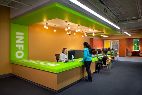 Circulation desk with bold graphics. [Wight & Company... visit us at wightco.com] Pediatric Waiting Room Ideas, Children Hospital Design, Circulation Desk, Front Desk Design, School Reception, Office Reception Design, School Office Decor, Library Desk, Classroom Interior