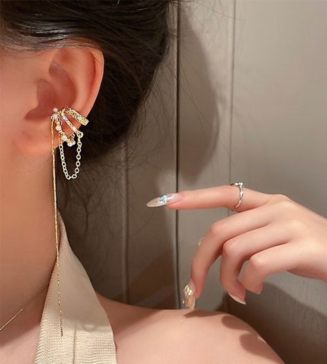 Multi layer no piercing ear cuff, Pearl cuff earrings, Gold tassel ear climber, Long dangle ear cuff clip, CZ earcuff, Fringed ear jacket by WithHerNYC on Etsy Fake Cartilage Piercing, Ear Cuff Jewelry, Tassel Earing, Ear Chain, Pearl Cuff, Piercing Earrings, Fake Piercing, Cuff Jewelry, Alloy Earrings