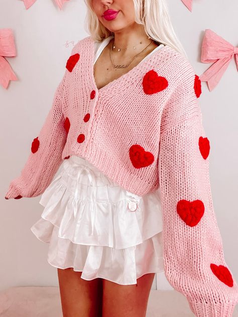 Heart Cardigan Outfit, Lovecore Clothes, Lovecore Aesthetic Outfit, Pink And Red Outfit, Lovecore Fashion, Sassy Shortcake, Heart Cardigan, The Cardigans, Cream Cardigan