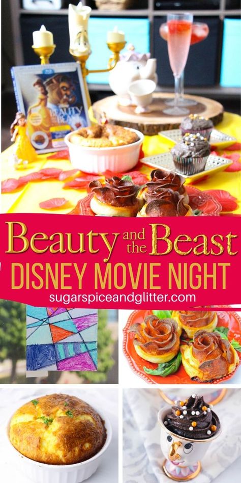 Movie Themed Potluck, Movies With Food Themes, Cheese Souffle Beauty And The Beast, Disney Movie Inspired Meals, Beauty And Beast Food Ideas, Family Movie Dinner Night, Disney Dinner And Movie Night Beauty And The Beast, Disney Themed Meals Dinners, Disney Meal Ideas