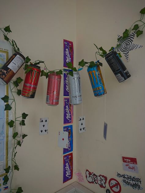 Diy Can Decor, Monster Cans Hanging From Ceiling, Monster Can Light Holes, Monster Can Wall Decor, Hanging Monster Cans, Energy Drink Can Crafts, Monster Can Diy Room Decor, Monster Energy Can Ideas, Monster Can Decor