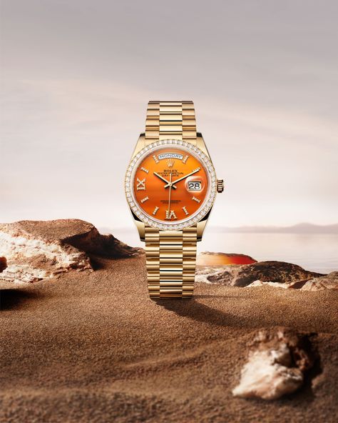 The Day-Date 36 in 18ct yellow gold featuring a dial in carnelian, a diamond-set bezel and hour markers, and a President bracelet. Watch Image, Model Shoes, Mediterranean Coast, Oyster Perpetual, Rolex Day Date, Stone Decor, The Mediterranean, Green Aventurine, Gold Watch