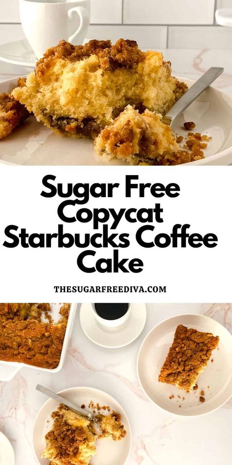 Sugar Free Copycat Starbucks Coffee Cake, a delicious dessert recipe for a cinnamon and swirl cake made without adding sugar. Starbucks Coffee Cake Recipe, Starbucks Coffee Cake, Diet Cake, Low Sugar Desserts, Coffee Cupcakes, Cinnamon Coffee Cake, Copycat Starbucks, Sugar Free Sweets, Swirl Cake