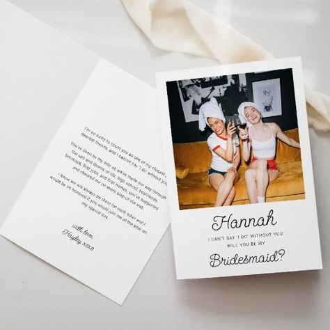 Photo Bridesmaid Proposal Folded Card | Zazzle Small Simple Bridesmaid Proposal, Designer Bridesmaid Proposal, Bridesmaid Asking Ideas, Cute Ways To Ask Bridesmaids, Bridesmaid Proposal Note, Bridesmaids Invitation, Bridesmaid Proposal Ideas Unique, Unique Bridesmaid Proposal Ideas, Bridal Party Proposal Ideas