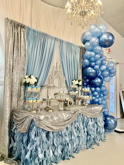 Cinderella Ball Decorations, Court Table Ideas Sweet 16, Cinderella Theme Quinceanera Centerpieces Table Decorations, Cinderella Blue, Cinderella Prom Theme, Cinderella Quinceanera Backdrop, Cinderella Table Decor, Cinderella Quince Dessert Table, Cinderella Dessert Table