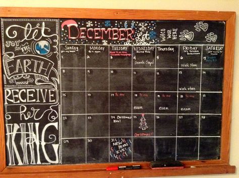 December calendar December White Board, December Chalkboard Calendar, Cute Whiteboard Calendar Ideas, Whiteboard Calendar Ideas, December Journaling, Winter Chalkboard Ideas, Calendar Chalkboard, Mom Calendar, Chalkboard Wall Calendars