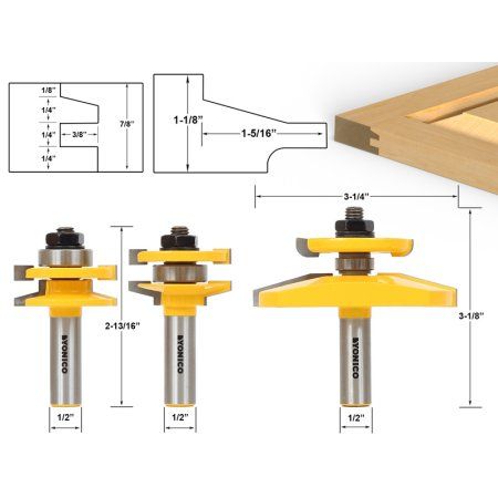 3 Bit Raised Panel Cabinet Door Router Bit Set- Bevel- 1/2" Shank -Yonico 12350 Cabinet Door Router Bits, Raised Panel Cabinet Doors, Raised Panel Cabinet, 3 Bit, Woodworking Router Bits, Panel Cabinet Doors, Faux Panels, Router Projects, Router Bit Set