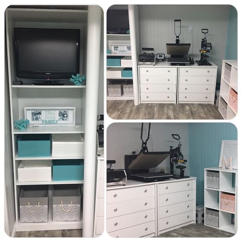 Craft Room heat press area and bookcase with more storage. The dressers drawers are perfect for storing t-shirts, onesies and more! Heat Press Station, Cricut Station, Ideas For Craft Room, Crafting Area, Organizing Business, Southern Family, Crafting Room, Sublimacion Ideas, Craft Shed