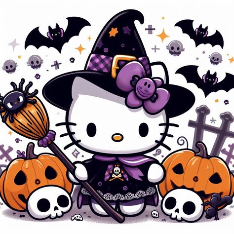 Purple Hello Kitty, Hello Kitty Halloween Wallpaper, Spooky Kitty, Sanrio Halloween, Happy Halloween Pictures, Halloween Icon, Hello Kitty Wallpaper Hd, Halloween Wallpaper Iphone Backgrounds, Halloween Wallpaper Cute