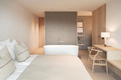 Hotel Schgaguler: A Minimalist Hotel Surrounded by the Beauty of the Dolomites - Design Milk Minimalist Hotel, Hotel Style Bedroom, Hotel Bedroom Design, Hotel Room Interior, Hotel Lobby Design, Interior Simple, Hotel Room Design, The Dolomites, Hotel Interior Design