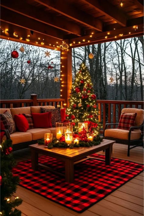 Enchant Your Holidays: Magical Outdoor Christmas Decorating Ideas for 2024 Back Deck Christmas Decor, Christmas Decor Backyard, Outdoor Christmas Balcony Ideas, Christmas Tree On Balcony, Deck Decorating Christmas, Christmas Decor Ideas Backyard, Outdoor Holiday Lighting Ideas, Front Deck Christmas Decor, Holiday Patio Decorating Ideas