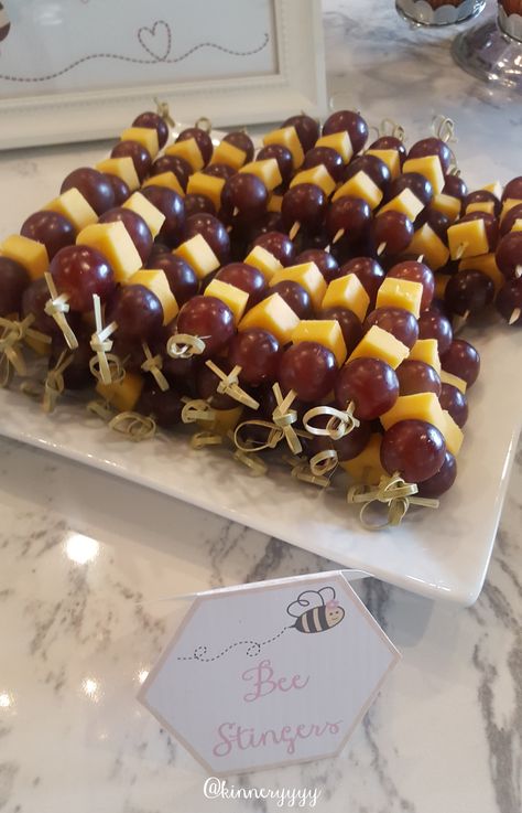 Bee Inspired Party Food, Bee Stingers Fruit, Mommy To Bee Decorations, Bee Bridal Shower Theme Food, First Bee Day Party Food Ideas, Bridal Shower Honey Bee Theme, Honey Themed Party Decor, Honey Bee Gender Reveal Food, What Will It Bee Gender Reveal Food