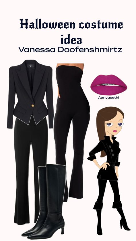 Black outfit Halloween costume. Phineas and ferb Halloween costume Ferb Halloween Costume, Black Outfit Halloween Costume, Black Outfit Halloween, Ferb Costume, Phineas And Ferb Costume, Ferb And Vanessa, Vanessa Doofenshmirtz, Phineas Y Ferb, Trio Halloween Costumes