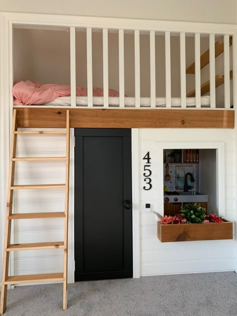 Closet Playhouse Ideas, Toddler Playhouse Bed, Closet Turned Play Space, Turn Closet Into Playhouse, Bunk Bed Turned Playhouse, Loft Bed Turned Playhouse, Custom Kids Loft Bed, Bed With Playhouse On Top, 4 Loft Beds In One Room