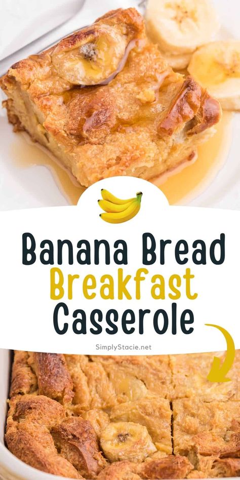 Banana Bread Breakfast Casserole - Use up your brown bananas and leftover bread in this crowd-pleasing breakfast recipe! It comes together in 10 minutes, bakes for 1 hour and is a recipe you'll find yourself making again and again. Leftover Banana Recipes, Leftover Bread Recipes, Banana Bread Breakfast, Breakfast Casserole With Bread, Brown Bananas, Banana Bread French Toast, Breakfast Casserole Recipe, Bread Breakfast, Leftover Bread