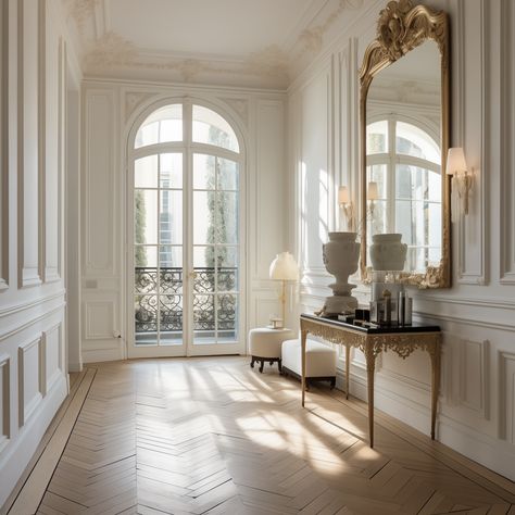 Panelling Inspiration, Parisian Hallway, White Hallways, French Hallway, Parisian Style Decor, Parisian Flat, Hallway Panelling, Parisian Wall, Parisian Interior Design