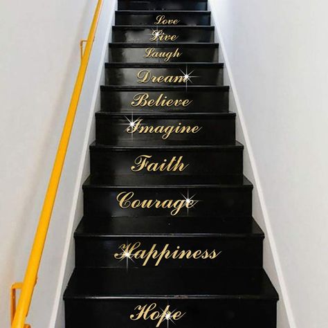 PRICES MAY VARY. Acylic Material: The surface of this stairway decal is smooth, watertight, which is very suitable for decorating your family.This wall sticker is made of high quality acrylic material, durable, and non-aging Adhensive Back: Back with adhesive, easy to install, the stair riser can be directly pasted on a smooth surface.Product Size: Approx. 44 x 113 cm/17.3 x 44.5 inch Speical Design: With English letter on the surface, the floor decor has a fashion sense, which can make your hom Stair Decals, Word Art Quotes, Stair Stickers, Stair Wall, Mirror Wall Living Room, Home Decor Quotes, Mirror Stickers, Wall Stickers Home Decor, Mirror Wall Stickers