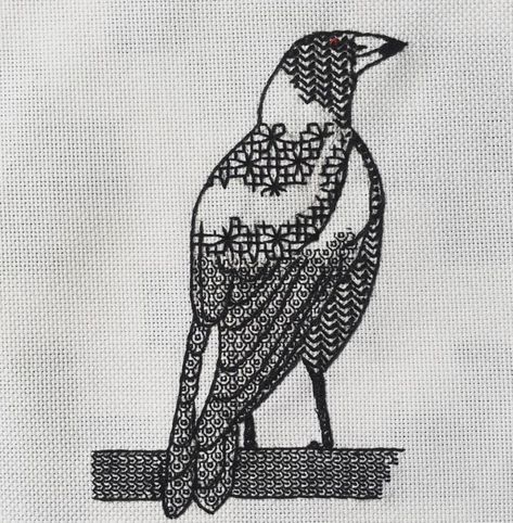 Australian Magpie from Introduction to Blackwork Embroidery | Domestika Black Work Embroidery Patterns, Australian Magpie, Blackwork Embroidery Patterns, Blackwork Cross Stitch, Blackwork Designs, Blackwork Patterns, Australian Flowers, Blackwork Embroidery, Detailed Embroidery