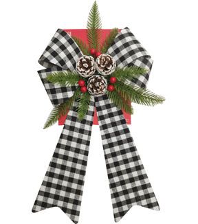 16" Christmas Buffalo Check Bow With Pinecones & Christmasly by Place & TimeThe Christmas Buffalo Check Bow With Pinecones & Holly by Place & Time will add festive charm to your holiday tree This beautiful bow sports a checkered pattern in white and black hues It is trimmed with faux pine needles, pinecones and berries for visual flair You can also display it on the front door to welcome your guests in style Product DetailsBrand: Place & TimeTheme: Buffalo ChecksDimensions: 9 x 16 inchesContent: 70% Polyvinyl chloride & 30% PolyesterMade in China Balcony Flower Box, Fall Bows, Wrapping Gifts, Wreath Bow, Pine Needles, Christmas Bows, Christmas Ribbon, Joanns Fabric And Crafts, Buffalo Check