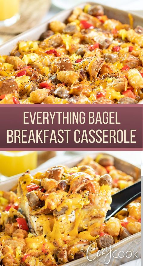 everything bagel breakfast casserole with sausage, eggs, cheese, and vegetables in a casserole dish Breakfast Casserole With Bagels, Tator Tot Casserole Breakfast, Everything Bagel Breakfast Casserole, Bagel Breakfast Casserole, Everything Bagel Breakfast, Breakfast Casserole With Bread, Eggstra Special, Bagel Breakfast, Casserole Breakfast