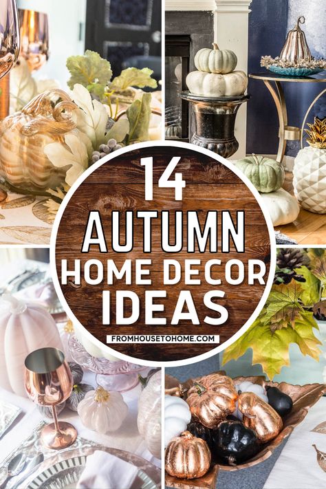 These fall home decor ideas are the BEST! I LOVE the idea of decorating for fall without using traditional autumn colors like orange. The blue and white ones are my favorite! | Fall Entertaining Traditional Fall Decor, Orange Fall Decor, Copper Fall, Fall Home Decor Ideas, Mercury Glass Candle Holders, Decorating For Fall, Mercury Glass Candles, Fall Vignettes, Decor Color Schemes