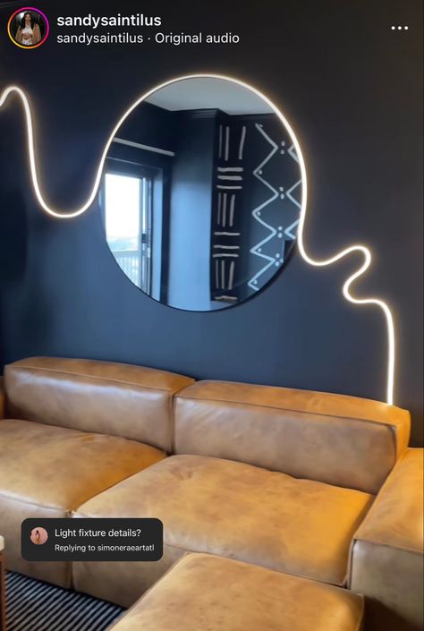 Rope Light Living Room, Rope Lights Living Room, Living Room Neon Sign, Circle Mirrors On Wall Living Room, Circle Mirror With Lights, Lights Around Mirror, Rope Lighting, Lash Room Decor, White Room Decor