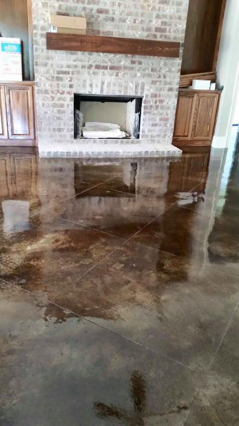 Walnut Stained Concrete Floors, Stained Concrete Living Room, Stained Concrete Floors In House, Stained Concrete Floors Living Room, Stained Concrete Floors Farmhouse, Stained Concrete Kitchen, Indoor Concrete Floor Ideas, Concrete Floors In House, Acid Stained Concrete Floors