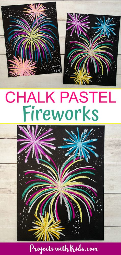 Make this brightly colored chalk pastel fireworks art for a fun and easy art project kids will love! Perfect for New Years, the 4th of July, or Canada Day. #projectswithkids #fireworks #newyearscrafts Pastel Fireworks, Fireworks Craft For Kids, How To Draw Fireworks, Firework Painting, January Art, Fireworks Craft, Fireworks Art, Fireworks Pictures, Chalk Pastel Art