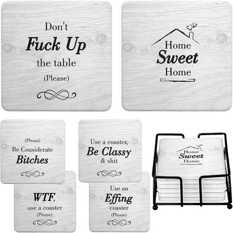 Living Room Decor White, Room Decor White, Funny Coasters, Rustic Coasters, Stained Table, Gifts Set, Home Quotes And Sayings, Stone Coasters, Ceramic Coasters