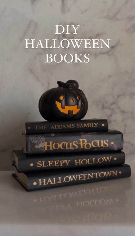 DIY Halloween Books🎃 1. Old Books, Any Size 2. Poster Board 3. Gold Viynl for @cricut or Gold Sticker Letters 4. Pencil, Scissors, and Scotch Tape Book Page Halloween Decor, Halloween Book Art, Halloween Stacked Books, Halloween Book Decor, Fake Books Decor Diy, Diy Halloween Book Covers, Diy Book Decor, Diy Halloween Books, Fake Books Decor