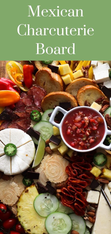 Savory, spicy, and sweet collide on this Mexican Inspired Charcuterie board! A fun spread for your guests to enjoy while socializing. Perfect for everything from a summer party to gameday! Seacuterie Boards, Mexican Charcuterie Board, Mexican Charcuterie, Themed Charcuterie Board, Charcuterie Ideas, Homemade Spice Blends, Simple Farmhouse, Mexican Foods, Small Tomatoes