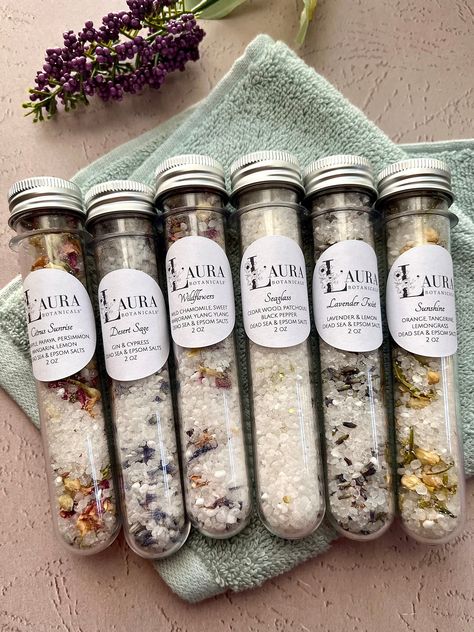 Bath Salt Soak Tubes Set of 6- Botanical Bath Salt Wedding Baby Shower Favors - 2 oz Spa Salt Tubes - Natural Bath Salts Gift Set by LauraBotanicals on Etsy Bath Salt Tubes, Bath Salt Bar Display, Spa Baby Shower Ideas, Spa Kit Diy Basket Ideas, Bath Salts Packaging Ideas, Bath Salt Packaging, Bath Salt Gift Set, Bath Gifts, Bath Salts Gift