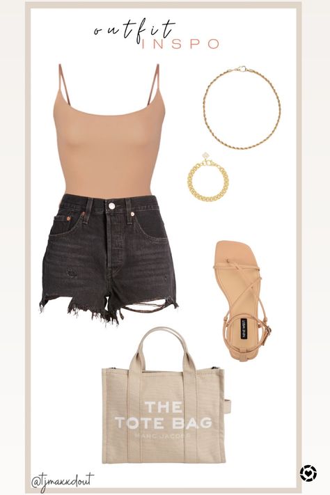 Summer outfit idea! Nude body suit, black distressed shorts, Marc Jacobs tote bag, strappy sandals and gold jewelry Distressed Black Shorts Outfit, Strappy Sandals Outfit Summer, Black Denim Shorts Outfit Black Women, Body Suit And Shorts Outfit, Body Suit Shorts Outfit, Shorts And Bodysuit Outfits, Distressed Shorts Outfit, Beige Shorts Outfit, Black Denim Shorts Outfit