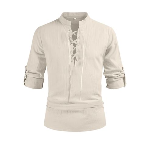 PRICES MAY VARY. Linen Imported Drawstring Waist closure Machine Wash [Premium Material] Made of 100% linen retro style lace up long sleeve shirts. Crafted from high-quality linen, these shirts are soft, breathable, and perfect for all-day wear. [Vintage Look] These renaissance shirt with the classic stand collar, drawstrings and adjustable sleeves, stylish and comfortable to complete your medieval, viking and hippie-Inspired look. The Mandarin Collar adds a sophisticated touch, while the drawstring allows for a customizable fit. With adjustable sleeves, you have the option to wear them as long sleeves or roll them up for a more casual look. [Suitable for many occasions] The adjustable sleeves make these shirts suitable for various occasions, whether it's a formal event or a relaxed gather Mens Linen Shirts Casual, Medieval Shirt, Costume Noir, Stand Collar Shirt, Gym Wedding, Pirate Shirts, Linen Shirt Men, Mens Linen, Stage Performance