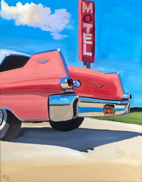 50s Painting Vintage, 50s Painting Ideas, Aesthetic Car Painting, Retro Car Painting, Retro Cars Drawing, Car Drawing Watercolor, Retro Things To Paint, Simple Car Painting, Car Painting Acrylic Easy